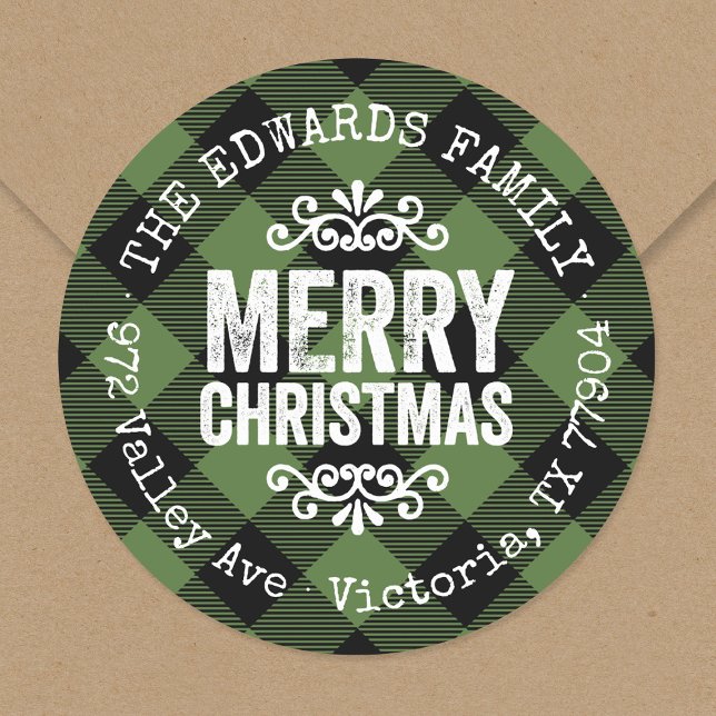 Rustikales grünes Buffalo Karo Rücksendeadresse Runder Aufkleber (Von Creator hochgeladen)