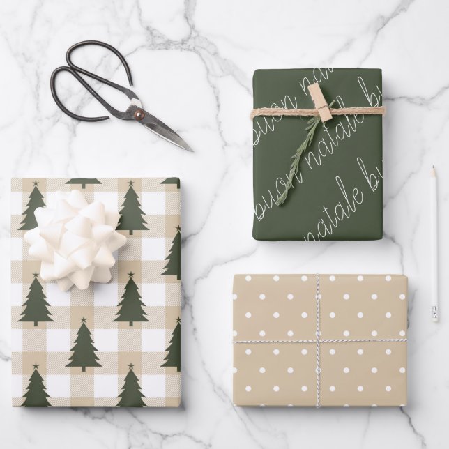 Rustikales grünes Buon Natale Ferienhaus Geschenkpapier Set (Vorderseite)