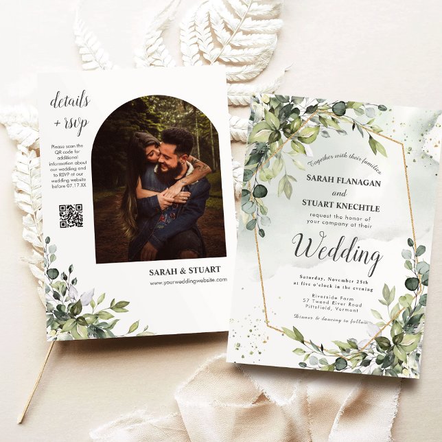 Rustikales grünes Eukalyptus-Arch-Foto QR-Code Hoc Einladung (Rustic Green Eucalyptus Arch Photo QR Code Wedding Invitation)