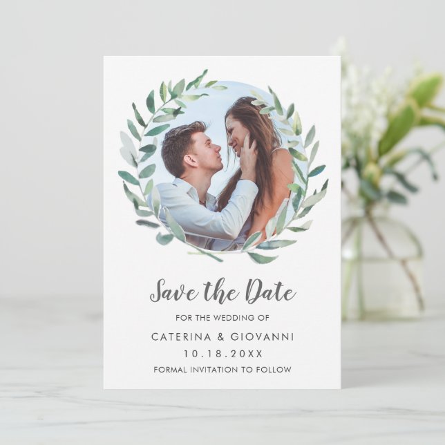Rustikales Grünes Kraut Foto Elegante Hochzeit Save The Date (Stehend Vorderseite)