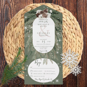 Rustikales Grünes Pine Winter Sparkle Abendessen All In One Einladung