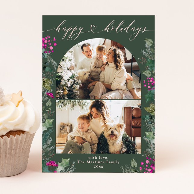 Rustikales Grünrosa Botanischer Foto 2 Feiertagskarte (Von Creator hochgeladen)