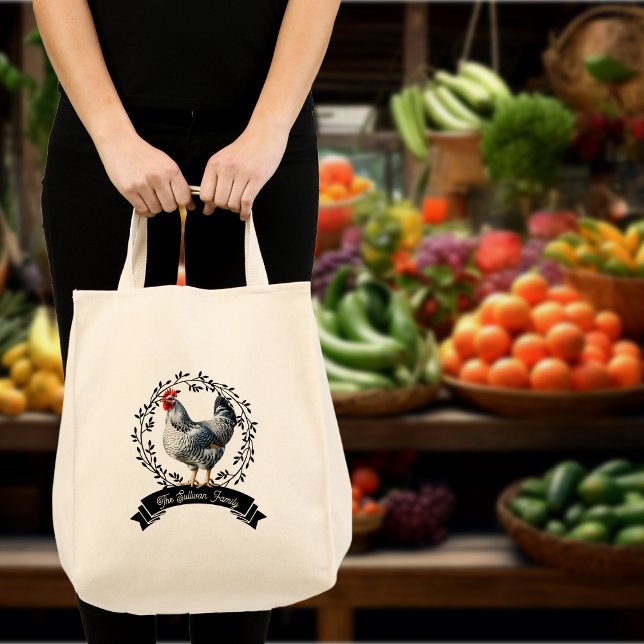 Rustikales Hähnchen Tragetasche (Rustic Country Rooster Chicken Black and White  Farm Family Name Grocery Tote Bag)