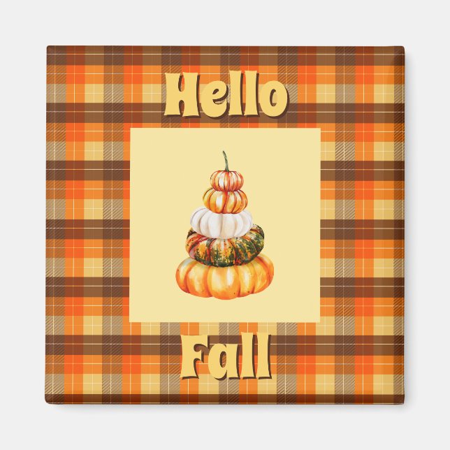 Rustikales Hallo Fall Kariert mit Orange Pumpkin S Magnet (Vorne)