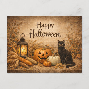 Rustikales Halloween mit schwarzer Katze und Mais Feiertagspostkarte