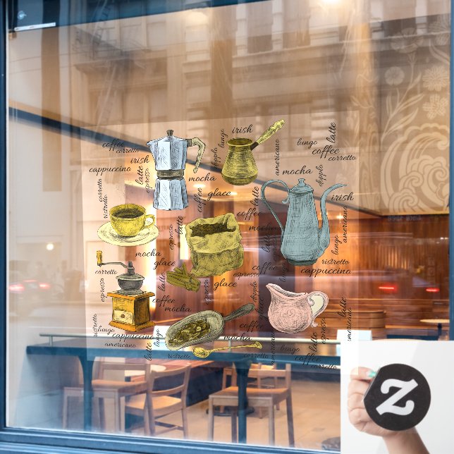 Rustikales Handgezogenes Café Kunst Fensteraufkleber (Café-Fenster)