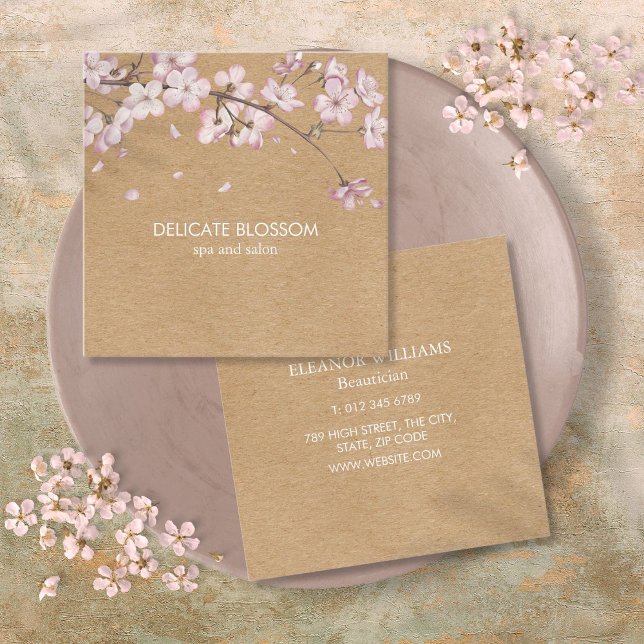 Rustikales Handwerk Delikatessen Blossom Rosa Plat Quadratische Visitenkarte (Rustic Craft Delicate Blossom Pink Square Square Business Card)