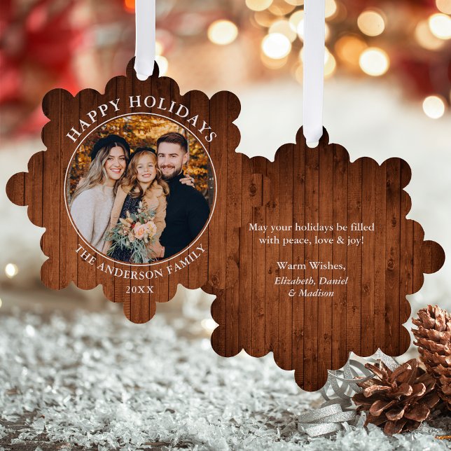 Rustikales Happy Holidays Foto Ornament Karte (A greeting card that is also an ornament! Customize with your photo and personalized text.)