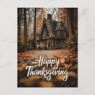 Rustikales "Happy Thanksgiving" mit Herbst-Hütte Feiertagspostkarte