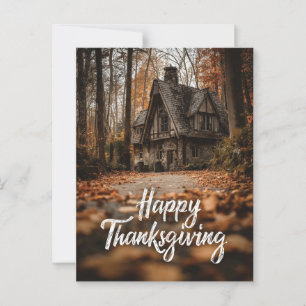 Rustikales "Happy Thanksgiving" mit Herbst-Hütte Postkarte