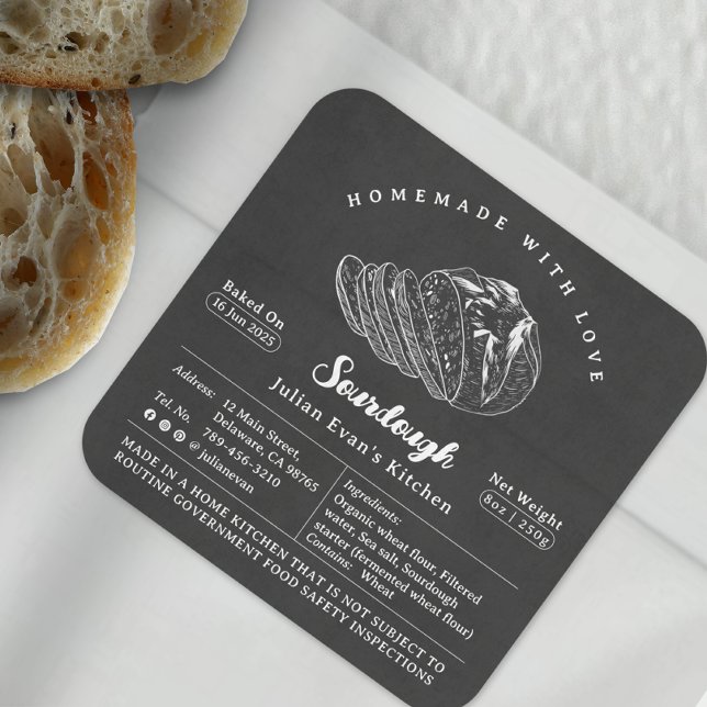 Rustikales, hausgemachtes Gütesiegel für die Hütte Quadratischer Aufkleber (Rustic Black Homemade Sourdough Cottage Law Label )