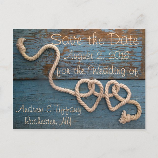 Rustikales Heart Rope Wedding Save the Date Ankündigungspostkarte (Vorderseite)