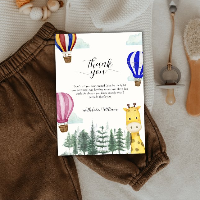 Rustikales Heißluftballon Jungle Giraffe Babydusch Dankeskarte (Rustic Hot Air Balloon Jungle Giraffe Baby Shower Thank You Card)