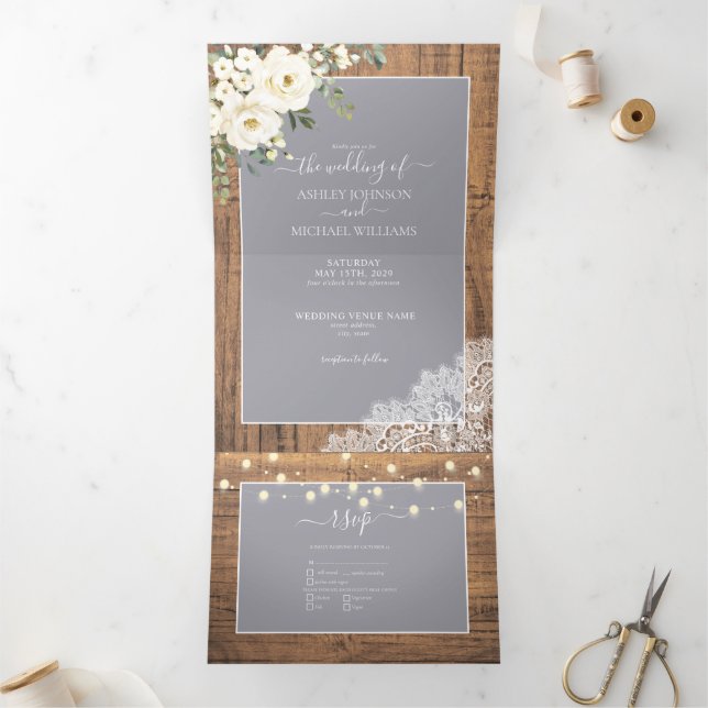 Rustikales hellgraues Foto Dreifach Gefaltete Einladung (Innenseite)