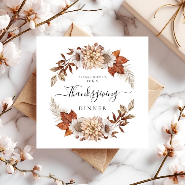Rustikales Herbst Erntedank Dinner Platz Einladung (Rustic Fall Floral Thanksgiving Dinner Square Invitation)
