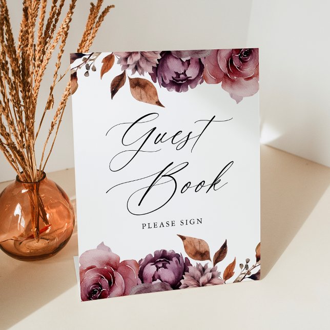 Rustikales Herbst Marsala Floral Wedding Gästebuch Sockelschild (Von Creator hochgeladen)