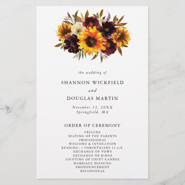 Rustikales Herbst-Sonnenblumen-Hochzeitsprogramm z Flyer (Vorne)