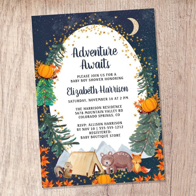 Rustikales Herbstabenteuer Night Sky Baby Dusche Einladung (Celebrate the upcoming arrival of your sweet little autumn baby with a pumpkin-themed baby shower)