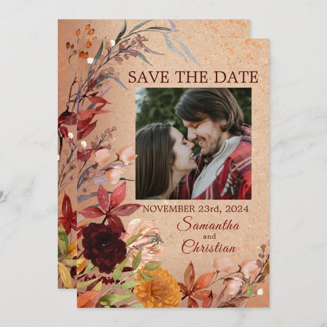 Rustikales Herbstblüten Burgund-Blush-Foto Save The Date (Vorne/Hinten)