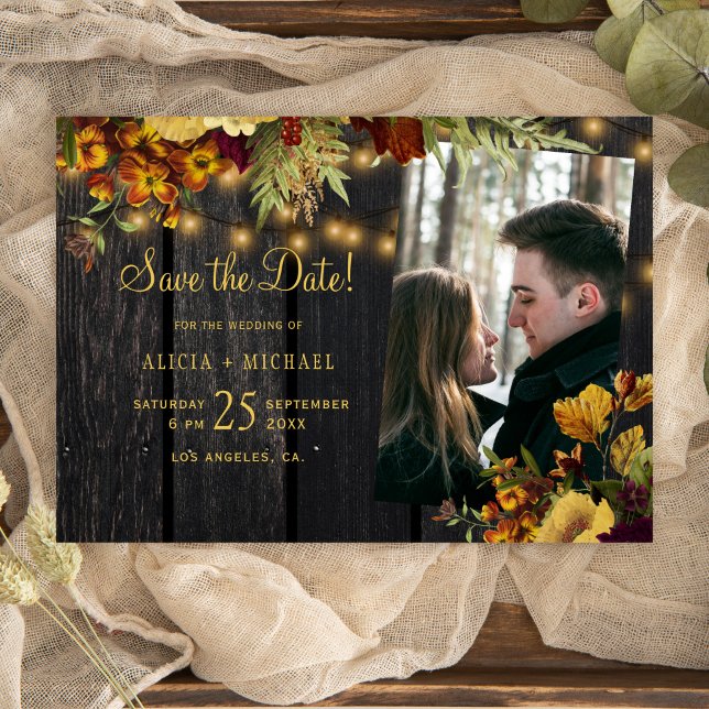 Rustikales Herbstfest mit Blumenholz Foto Hochzeit Save The Date (Von Creator hochgeladen)
