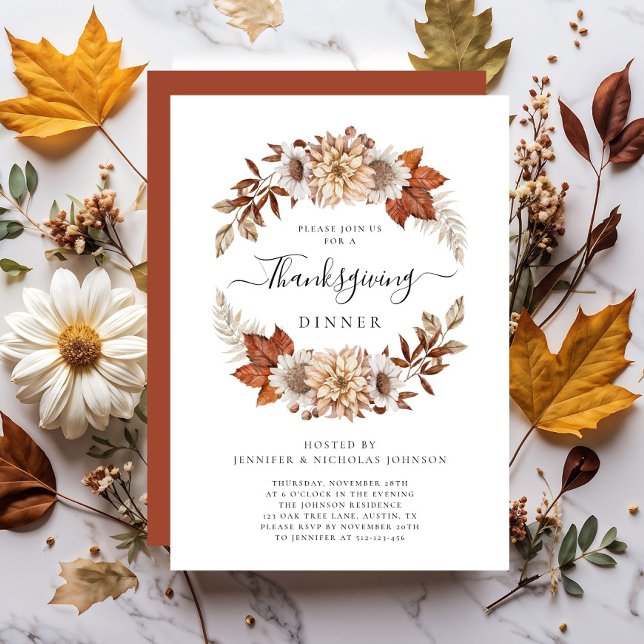 Rustikales Herbstfloral Erntedank Abendessen Einladung (Rustic Fall Floral Thanksgiving Dinner Invitation)