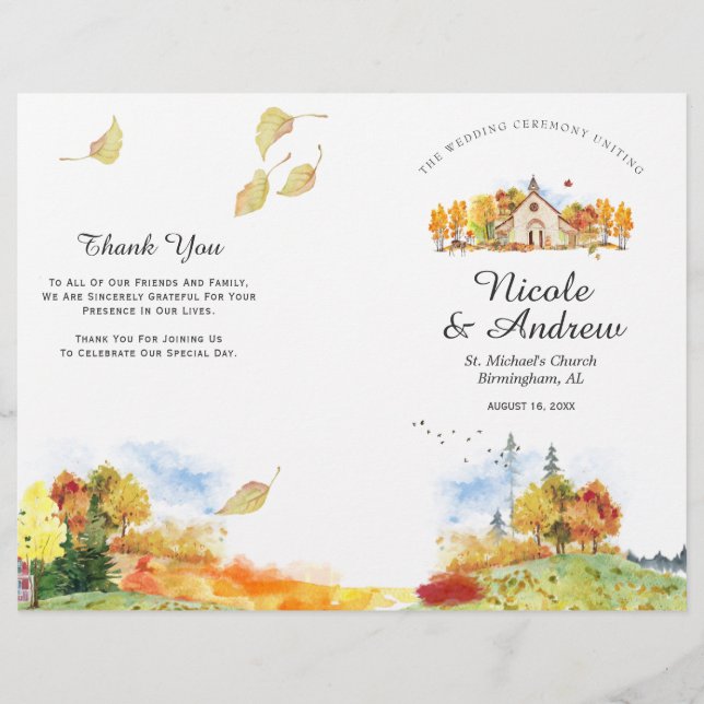 Rustikales Herbstkapellen-Hochzeitsprogramm (Vorderseite)