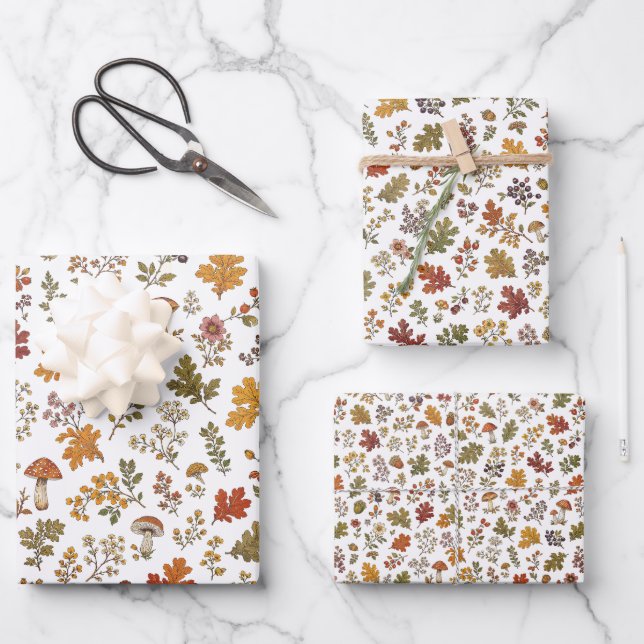 Rustikales Herbstlaub-Pilz-Waldmuster Geschenkpapier Set (Vorderseite)