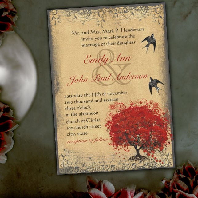 Rustikales Herz Leaf Red Tree Love Bird Wedding Einladung (Von Creator hochgeladen)