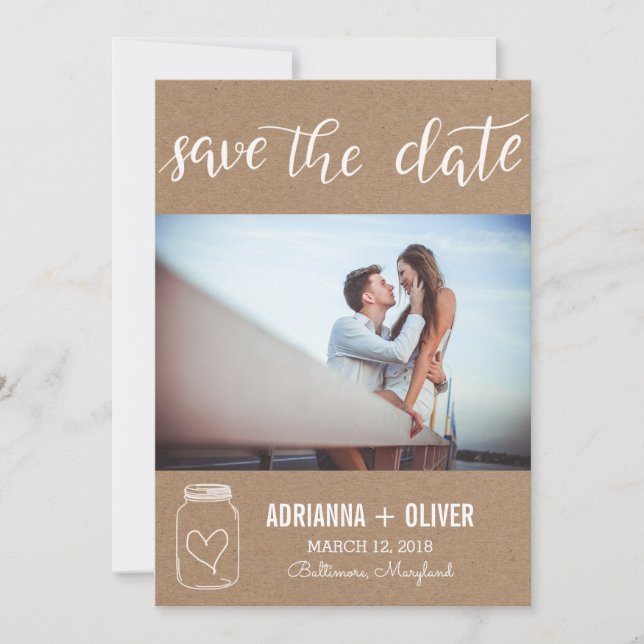 Rustikales Herz Mason Jar Save the Date Couple Fot (Vorderseite)