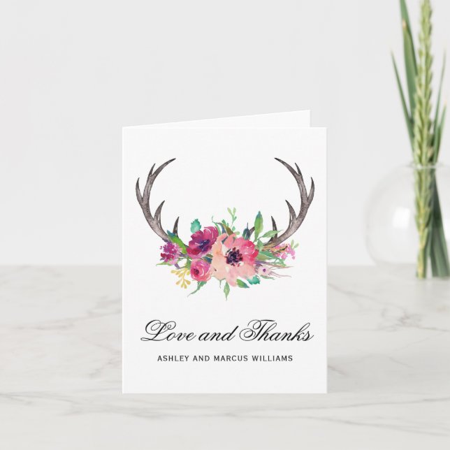 Rustikales Hirsch Antlers Boho Floral Dankeskarte (Vorderseite)