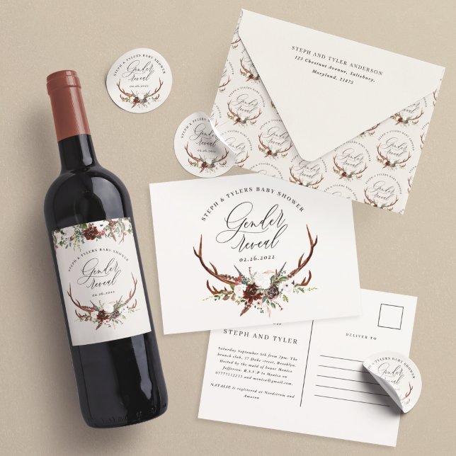 Rustikales Hirschblütengeschlecht zeigt Babydusche Weinetikett (Von Creator hochgeladen)