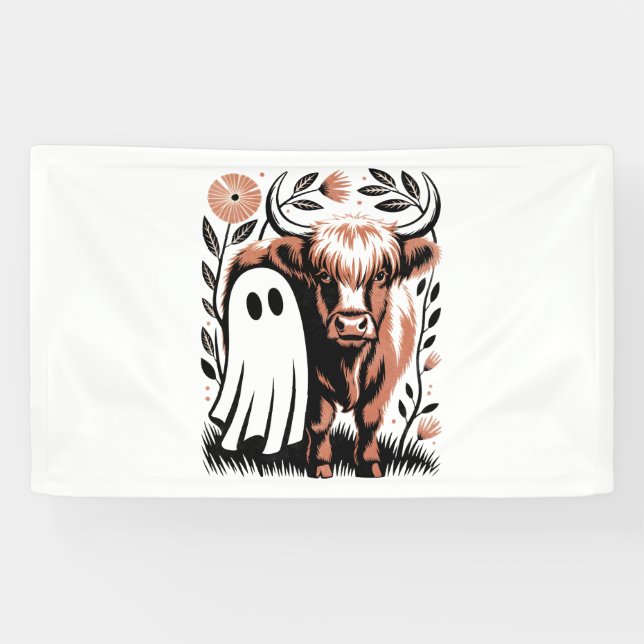 Rustikales Hochland-Kuh Ghost Halloween Banner (Horizontal)