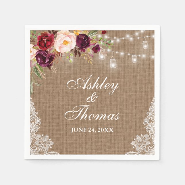 Rustikales Hochzeitburlap Jar Lights Floral Lace Serviette (Vorderseite)