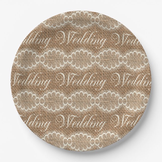 Rustikales Hochzeitburlap Lace Pappteller (Vorderseite)