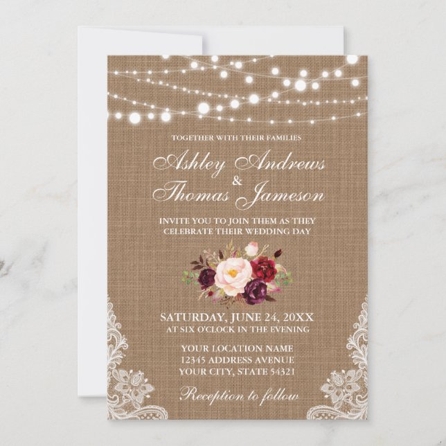 Rustikales Hochzeitburlap Lights Floral Invite B Einladung (Vorderseite)