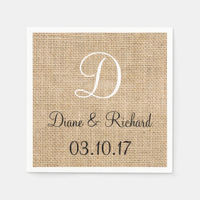 Rustikales Hochzeitburlap-Name Datum Monogramm Serviette (Vorderseite)
