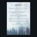 Rustikales Hochzeitmenü von Pine Trees Blue Weddin Menükarte<br><div class="desc">Dieses rustikale Hochzeitsmenü umfasst einen kalligraphischen Schriftzeichen und eine alpine Wildnisgebirgslandschaft mit blauen Pinienbäumen,  die in Nebel oder Nebel umhüllt sind. Die Rückseite hat Platz für die Namen des Paares und das Hochzeitstag. Ideal für einen Empfang im Freien.</div>
