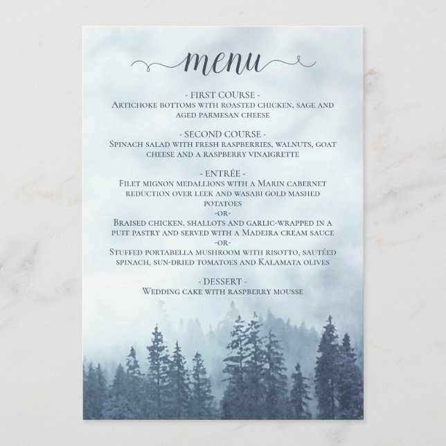 Rustikales Hochzeitmenü von Pine Trees Blue Weddin Menükarte (Vorderseite)