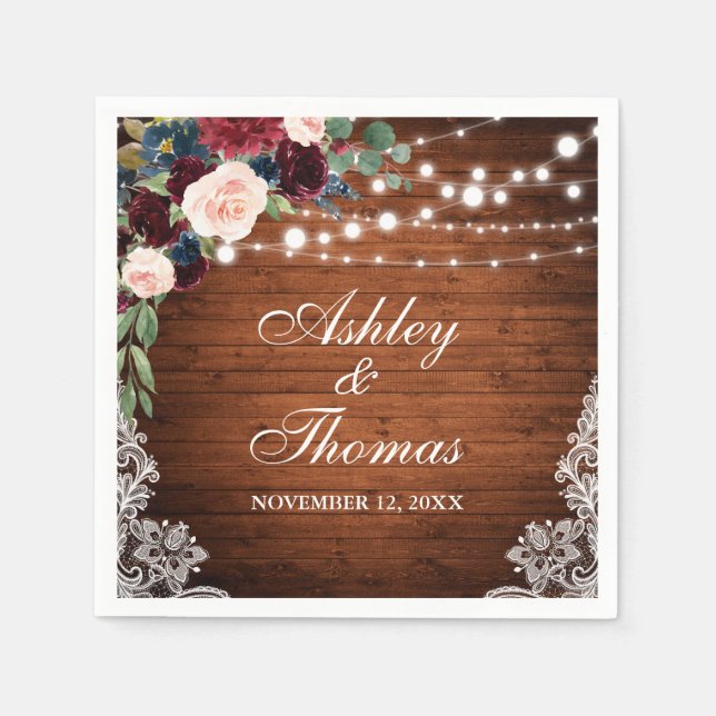 Rustikales Hochzeitsburgund Blue Floral Lace Serviette (Vorderseite)