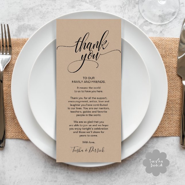 Rustikales Hochzeitsessen Vielen Dank Platzierung  Programm (Rustic Wedding Dinner Thank you Place Setting Card in cottage brown kraft theme)