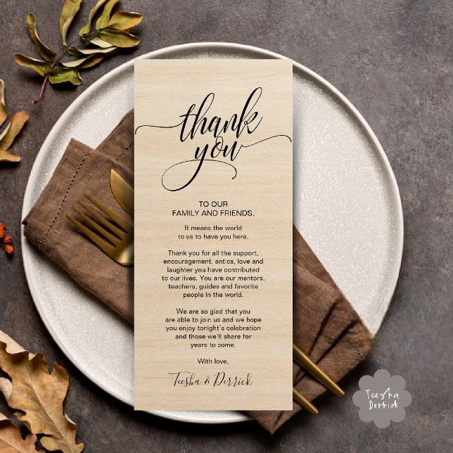 Rustikales Hochzeitsessen Vielen Dank Platzierung  Programm (Rustic Wedding Dinner Thank you Place Setting Card in cottage brown wood theme)