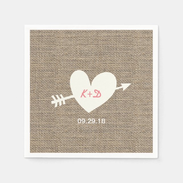 Rustikales Hochzeitsherz & Arrow Eleganter Burlap Serviette (Vorderseite)