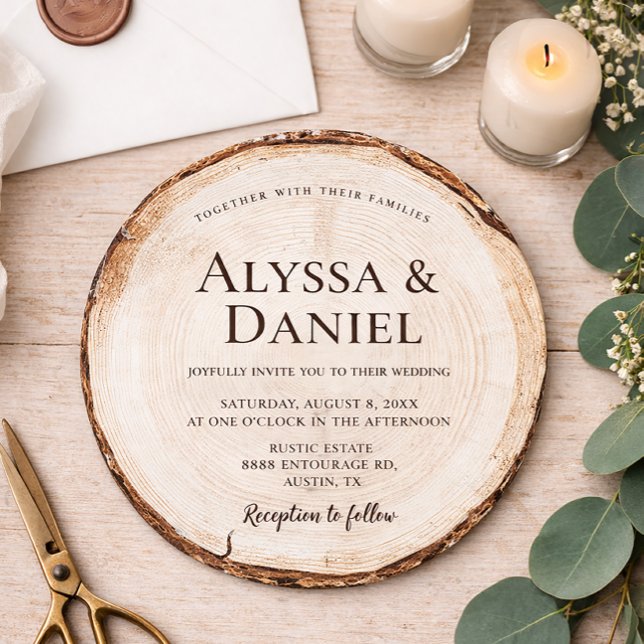 Rustikales Hochzeitsholz Einladung (Rustic Wedding, unique round woodland tree bark invitation.)