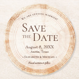 Rustikales Hochzeitsholz Save the Date Runder Pappuntersetzer