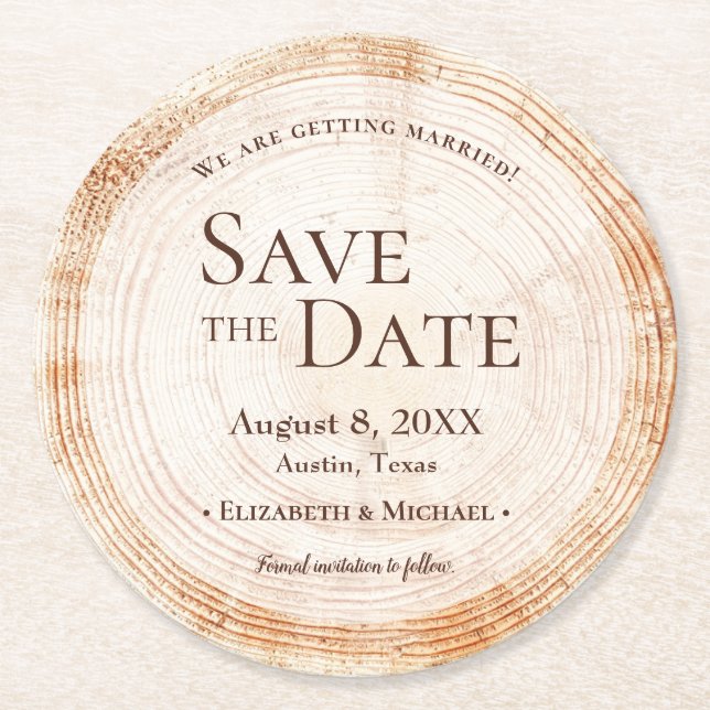 Rustikales Hochzeitsholz Save the Date Runder Pappuntersetzer (Vorderseite)
