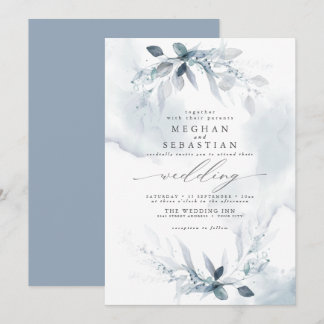Rustikales Hochzeitskleid Dusty Blue Foliage Einladung