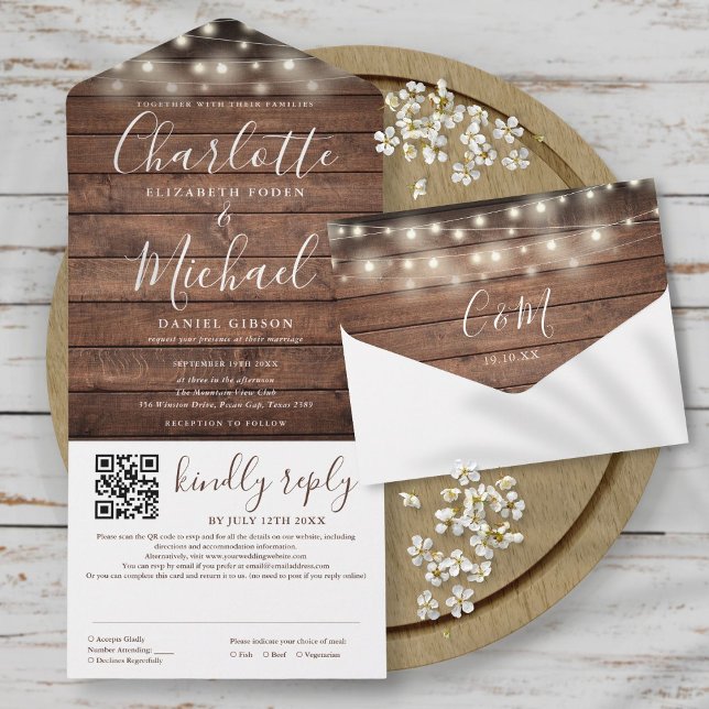 Rustikales Hochzeitslicht von Holzstring Lights QR All In One Einladung (Rustic Wood String Lights QR Code Wedding All In One)