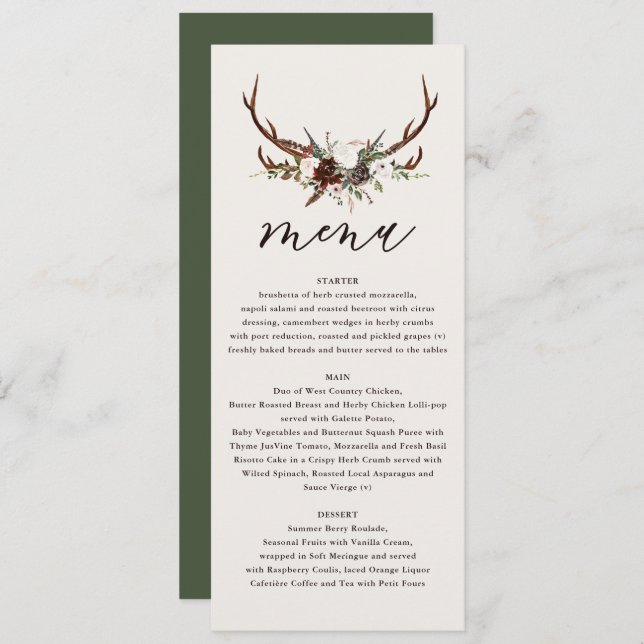 Rustikales Hochzeitsmenü mit Blumenkost und Staffe Menükarte (Vorne/Hinten)