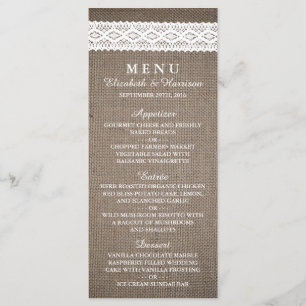 Rustikales Hochzeitsmenü mit Vintagem Weißer Lauf Menükarte