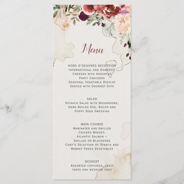 Rustikales Hochzeitsmenü von Boho Menükarte (Vorderseite)